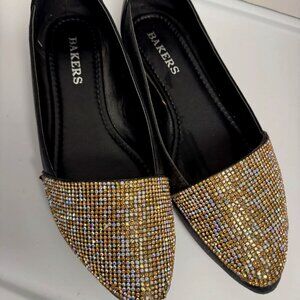 BAKERS Black Flats with Gold Rhinestone Cap Toe Size 10